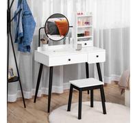 HOMCOM Dressing Table Set w/ 3 Drawers, Shelves, Round Mirror & Stool, Bedroom in White HOMCOM White