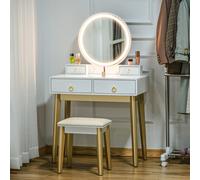 HOMCOM Dressing Table Set With Round LED Mirror Stool And 4 Drawers White And Gold, White