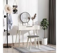 Dressing Table Vanity Set Makeup Desk With Round Mirror Cushioned Stool 2 Drawers For Bedroom Jewelry Storage Set - White Make Up & - Home Living | T