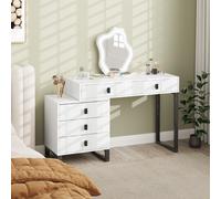 HOMCOM LED Lighted Dressing Table with Leaf Shape Mirror, Modern Vanity Desk with 5 Drawers, Makeup Desk with Fluted Panels, White White