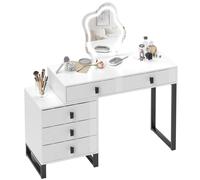 HOMCOM LED Lighted Dressing Table with Leaf Shape Mirror, Modern Vanity Desk with 5 Drawers, Makeup Desk with Fluted Panels, White White