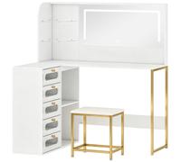 HOMCOM Dressing Table with LED Mirror and Stool, L-Shaped Vanity Desk with Drawers and Shelves, White