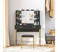 HOMCOM Dressing Table with Lighted Mirror, Cushioned Stool, Drawers, Shelves, LED Makeup Vanity Desk Set, Modern Dresser Vanity Table for Bedroom, Black Black