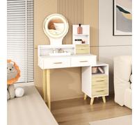 HOMCOM Dressing Table with Mirror, Vanity Table with Adjustable LED Lights, Makeup Desk with 5 Drawers and 5 Shelves, White White