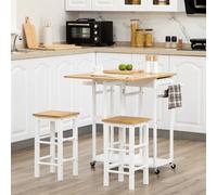 HOMCOM Bamboo Breakfast Cart With Drop Leaf Table And 2 Stools, White