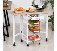 Homcom Drop-Leaf Kitchen Cart Trolley w/ 3 Baskets Drawer Surface Top 6 Universal Wheels Rolling Storage Unit Kitchen Home Dining Island White Oak Tone