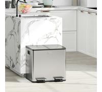 HOMCOM Dual Kitchen Bin Pedal Bin for Recycling and Waste - Silver - 41.7L x 36.6W x 43.2H cm - Kitchen Bin