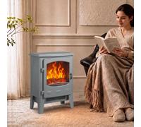 HOMCOM Electric Fireplace Stove Freestanding Log Burner, 1000W/2000W, Grey | Portable Electric Fire Fan Heater with LED Flame Effect, Adjustable Thermostat, Glass, Overheat Protection