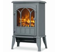HOMCOM Electric Fireplace Stove, Freestanding Log Burner 1000W/2000W, Grey | Portable Electric Fire Fan Heater with Large Glass Window, LED Flame Effect, Adjustable Thermostat and Brightness