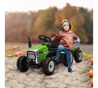 HOMCOM Kids Electric Car, 12V Electric Ride on Tractor and Trailer with Detachable Trailer Remote Control, USB, Horn, Lights, Start-Up Sound, for Ages 3-6 Years, Green