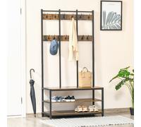 HOMCOM Entryway Coat Rack Hall Tree Shoe Bench 3 in 1 Design Metal Storage Rack - Rustic Brown
