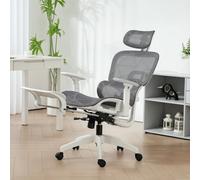 HOMCOM Ergonomic Office Chair, Swivel Recliner, Headrest, Grey and White | Mesh High Back Computer Desk Chair, 4 Level Adjustable Back, Adjustable Lumbar Support, 3D Armrest, Footrest