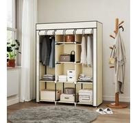 Homcom Fabric Portable Wardrobe With 8 Shelves 2 Hanging Rails, Cream White