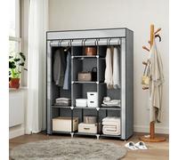 Homcom Fabric Portable Wardrobe With 8 Shelves 2 Hanging Rails, Light Grey