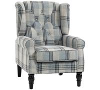 HOMCOM Faux Linen Armchair with Thick Spring Cushion, Wingback Accent Chair with High Back, Solid Wood Legs, Mixed Plaid