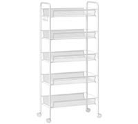 HOMCOM Five-Steel Mesh Basket Storage Trolley, with Wheels - White
