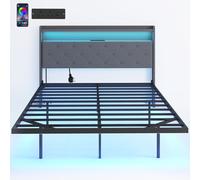 HOMCOM Floating Bed Frame, Upholstered 4ft6 Double Size Bed, Platform Bed with RGB LED Lights and Charging Station, Grey
