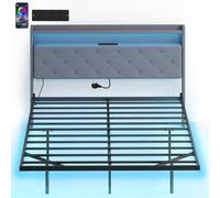 HOMCOM Floating Bed Frame, Upholstered 5ft King Size Bed, Platform Bed with RGB LED Lights and Charging Station, Grey