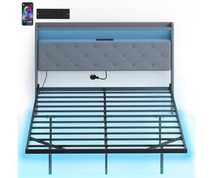 HOMCOM Floating Bed Frame, Upholstered 5ft King Size Bed, Platform Bed with RGB LED Lights and Charging Station, Grey