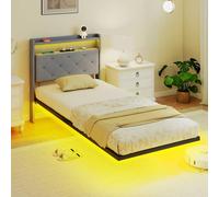 Homcom Floating Bed Frame With Rgb Lights, Upholstered Single Size Bed, Grey