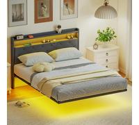 HOMCOM Floating Bed Frame with RGB Lights, Upholstered Double Size Bed, Grey - Grey - 200 - Linen-look fabric