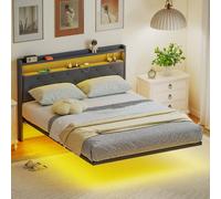 Homcom Floating Bed Frame With Rgb Lights, Upholstered Double Size Bed, Grey Grey