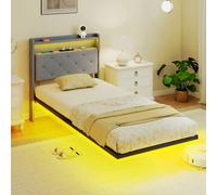 Homcom Floating Bed Frame With Rgb Lights, Upholstered Single Size Bed, Grey