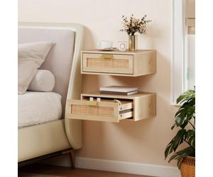 Homcom Floating Bedside Tables Set Of 2, Boho Nightstands With Rattan Drawer