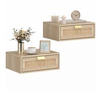 Homcom Floating Bedside Tables Set Of 2, Boho Nightstands With Rattan Drawer