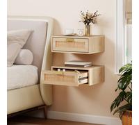 Homcom Floating Bedside Tables Set Of 2, Boho Nightstands With Rattan Drawer In Natural Natural 40cm x 30cm