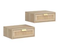 HOMCOM Floating Bedside Tables Set of 2, Wall Mounted Bedside Cabinets with Rattan Drawer and Wood Effect, Oak