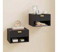 Homcom Floating Bedside Tables Set Of 2 With Fluted Drawer Open Shelf In Black Black 40cm x 30cm
