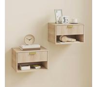 HOMCOM Floating Bedside Tables Set of 2 with Fluted Drawer Open Shelf in Light Brown | Size: 40 cm x 30 cm HOMCOM Light Brown 40 cm x 30 cm
