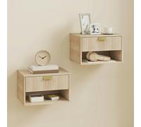 HOMCOM Floating Bedside Tables Set of 2 with Fluted Drawer Open Shelf - Oak