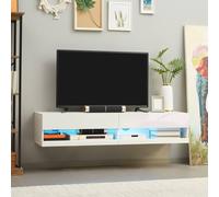 HOMCOM 150cm High Gloss Wall Mounted Tv Stand With 16 Coloured Led Lights, Floating Tv Cabinet For Tvs Up To 65'' With 2 Storages White, White