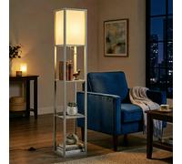 HOMCOM 3-Tier Floor Lamp with Shelves and Storage, Modern Corner Standing Lamp with Lampshade, Reading Light with Foot Switch for Living Room, Bedroom, Home Office, LED Bulb Included, Grey