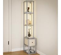 HOMCOM Floor Lamp with Shelves, LED Column Modern Standing Lamp with Fabric Drawer, Adjustable Brightness, Foot Switch for Living Room, Bedroom, Office, Grey