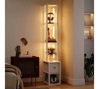 HOMCOM Floor Lamp with Shelves, LED Column Modern Standing Lamp with Fabric Drawer, Adjustable Brightness, Foot Switch for Living Room, Bedroom, Office, White