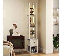 HOMCOM Floor Lamp with Shelves, LED Column Modern Standing Lamp with Fabric Drawer, Adjustable Brightness, Foot Switch for Living Room, Bedroom, Office, White