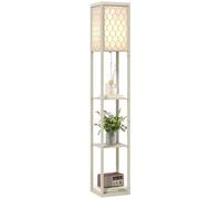 HOMCOM Floor Lamp with Shelves, Modern Tall Standing Lamps with Fabric Lampshade, Chain Switch and Single Light for Living Room, Bedroom, Bulb not In