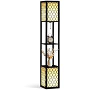 HOMCOM Floor Lamp with Shelves, Modern Tall Standing Lamps with Fabric Lampshade, Chain Switch and Dual Light for Living Room, Bedroom, Bulb not Included, Black