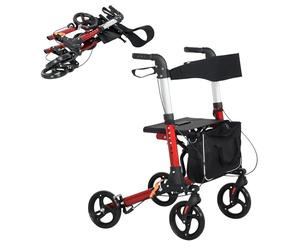 HOMCOM Foldable Mobility Walker, Rollator Walker with Seat, 4-Wheel Red