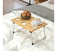 HOMCOM Foldable Wine Table, Bamboo Picnic Table with Bottle Holder, Glass Holder - Natural wood finish