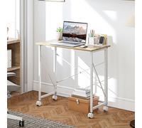 HOMCOM Folding Desk on Wheels, Writing Table for Home Office, Natural, Brown