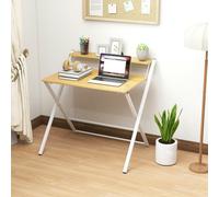 HOMCOM Folding Desk with 2-Tier Shelf for Home Office, Maple Wood-effect