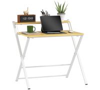 Homcom Folding Desk With 2-tier Shelf For Home Office, Maple Wood-effect, Brown