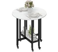 HOMCOM Folding Dining Table, Drop Leaf Table with Open Shelf, Rolling Kitchen Table for Dining Room, Small Spaces, White Marble