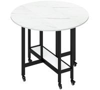 HOMCOM Folding Dining Table, Drop Leaf Table with Open Shelf, Rolling Kitchen Table for Dining Room, Small Spaces, White Marble