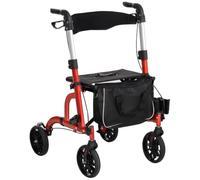 HOMCOM Folding Rollator Walker with Seat and Backrest, Lightweight Walking Frame with Detachable Storage Bag, Brakes, Adjustable Handle Height, 4 Wheeled Walker for Seniors, Handicapped, Red