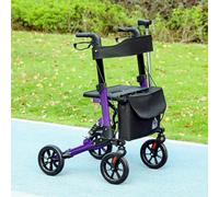 HOMCOM Folding Rollator Walker with Seat, Backrest, Lightweight Walking Frame with Storage Bag, Dual Brakes, Adjustable Handle Height, Suspension System, 4 Wheeled Walker for Seniors, Purple